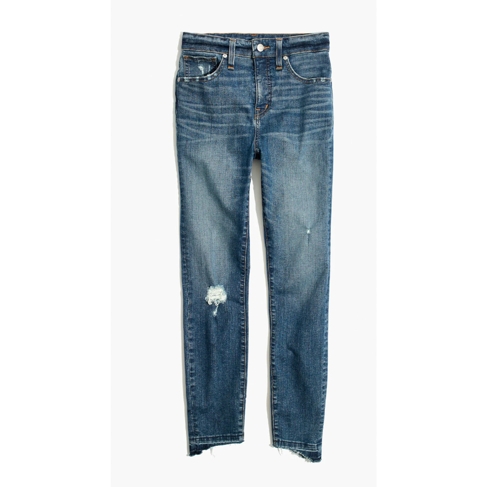 Madewell 28 Curvy $135 High Rise Skinny Jeans Drop Step Raw Hem Distressed Denim
